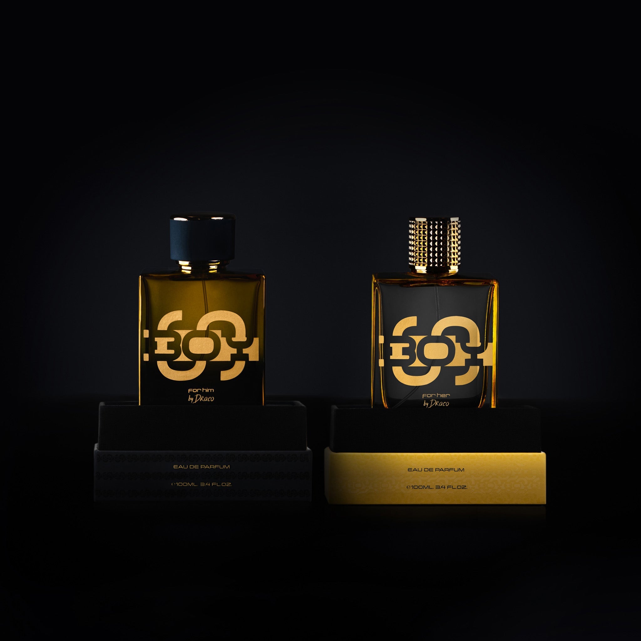 The Power Couple from SBOY By Draco eau de parfum for Him and for Her with the stand